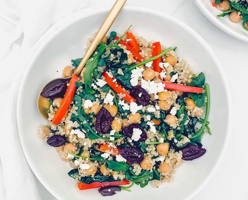 Greek chicken quinoa casserole in a bowl.