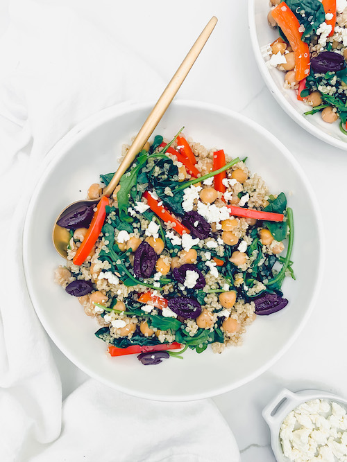 Greek chicken quinoa casserole in a bowl.