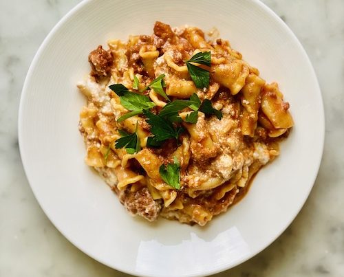 One pot lasagna pasta in a white bowl.