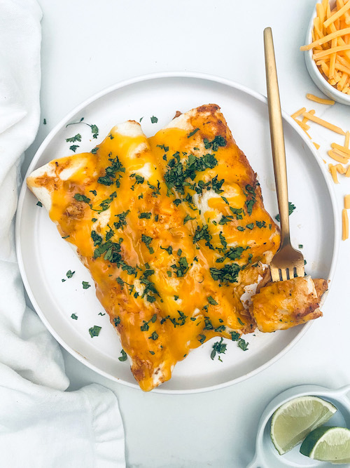 Chicken Tinga Enchiladas on a plate with a golden fork.