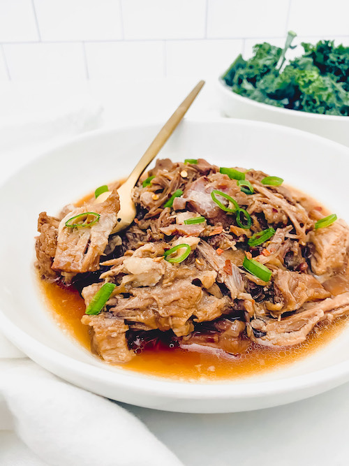 Shredded apple cider braised pork in a deep white bowl.