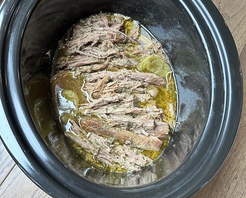 Keto Mississippi pot roast in a crock pot.