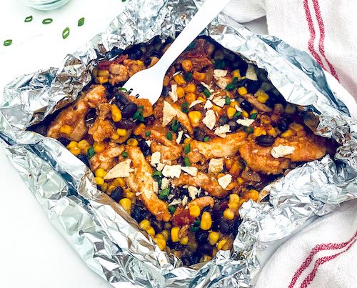 Black bean fiesta chicken in a foil packet.