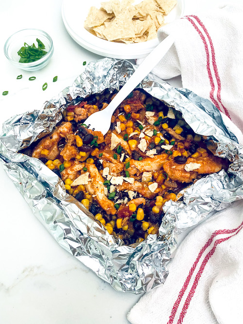Black bean fiesta chicken in a foil packet.