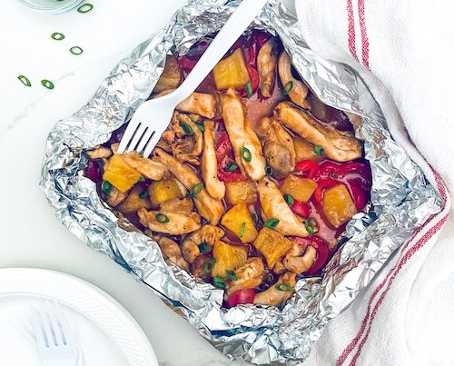Hawaiian pineapple BBQ chicken in a foil packet.