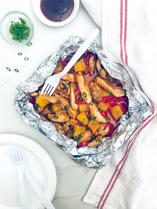 Hawaiian pineapple BBQ chicken in a foil packet.