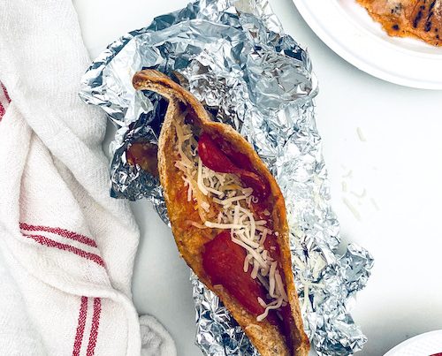 Pita pizza pockets made in foil packs.