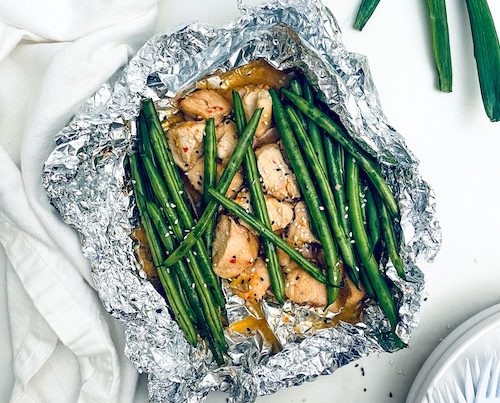 Sweet Chili Chicken + String Beans in a foil packet.