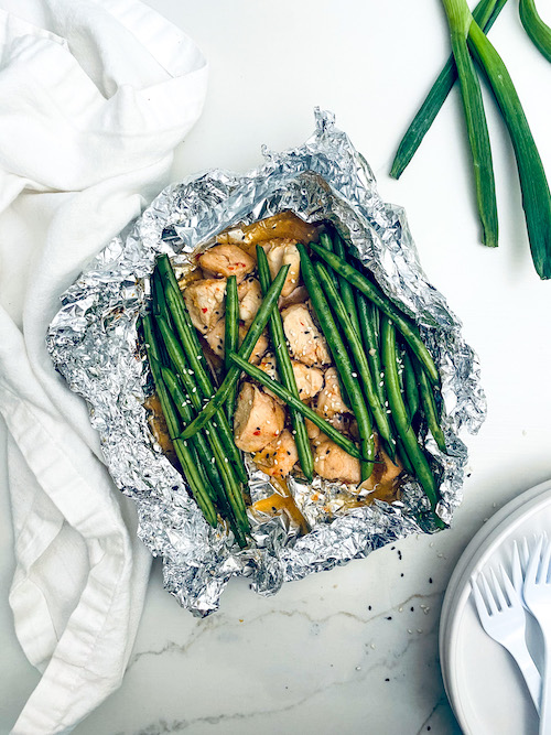 Sweet Chili Chicken + String Beans in a foil packet.