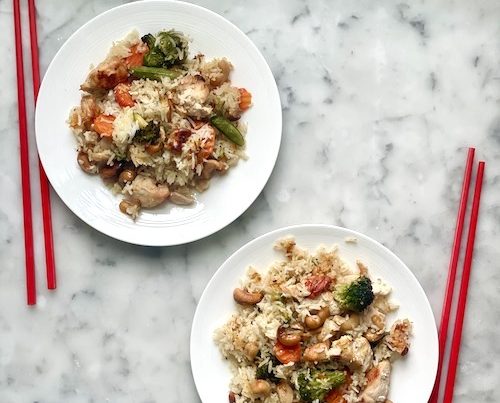 Sheet pan cashew chicken fried rice.