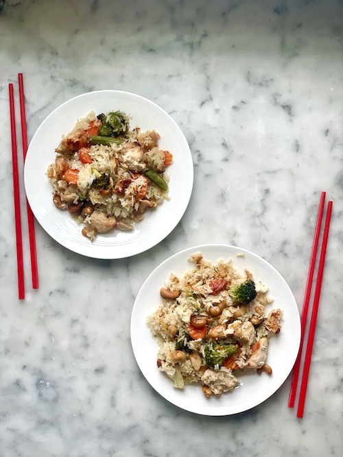 Sheet pan cashew chicken fried rice.