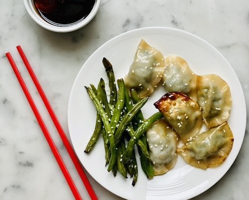 Honey-soy topped dumplings with roasted green beans.