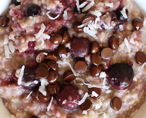 Cherry steel cut oats topped with chocolate chips.