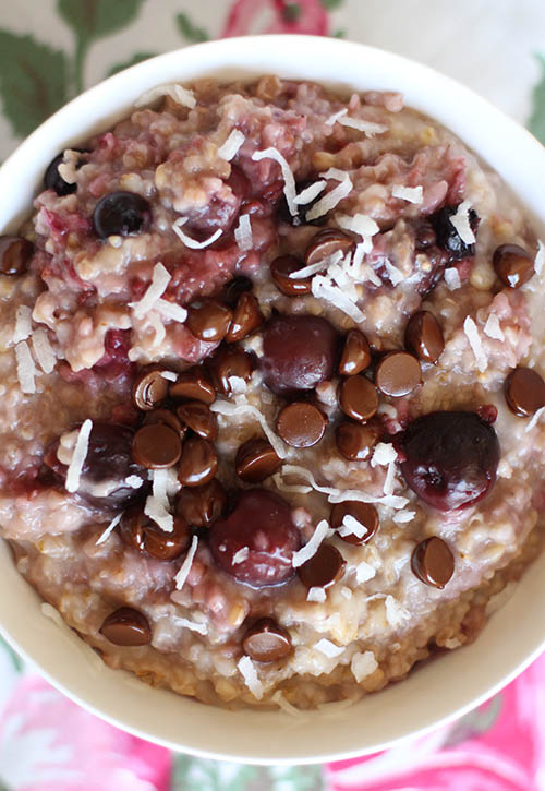 Cherry steel cut oats topped with chocolate chips.