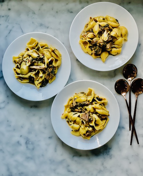 Three white bowls of cheddar shell pasta with pulled pork.