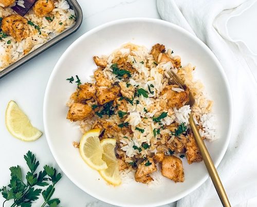 Chicken Souvlaki + Rice.