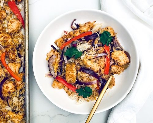 Sheet pan fajita chicken and rice.