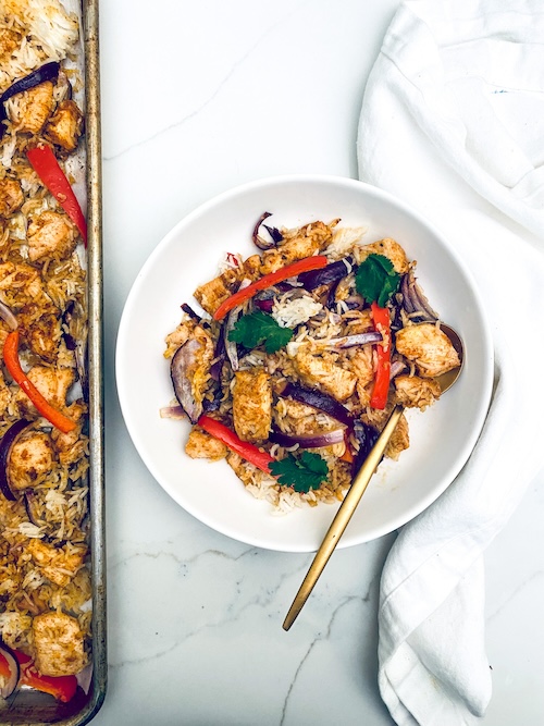 Sheet pan fajita chicken and rice.