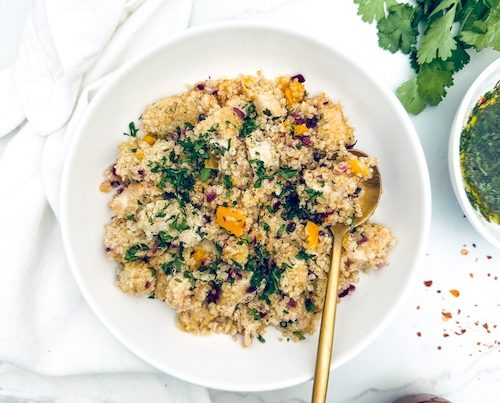 Chicken with cilantro lime quinoa in a bowl.