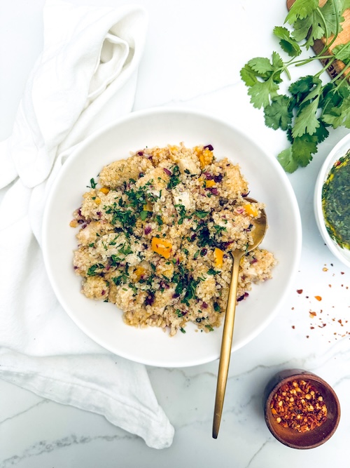 Chicken with cilantro lime quinoa in a bowl.