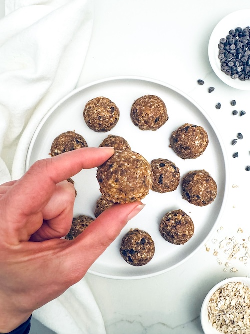 A hand holding a chocolate chip energy bite.