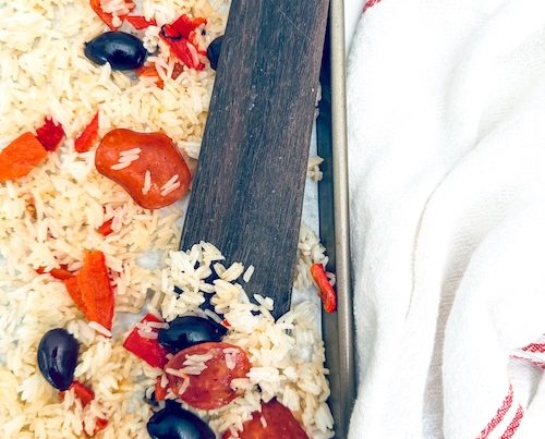 Antipasto fried rice on a sheet pan.