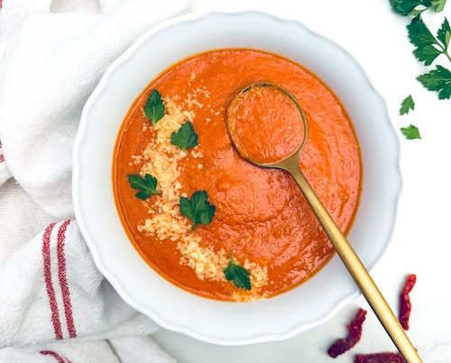 A bowl of sun-dried tomato soup.