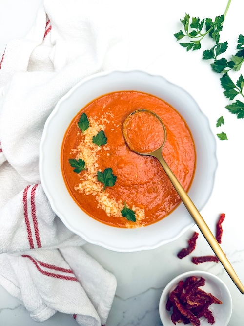 A bowl of sun-dried tomato soup.