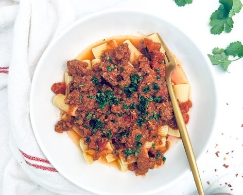Ground beef taco pasta in a bowl.