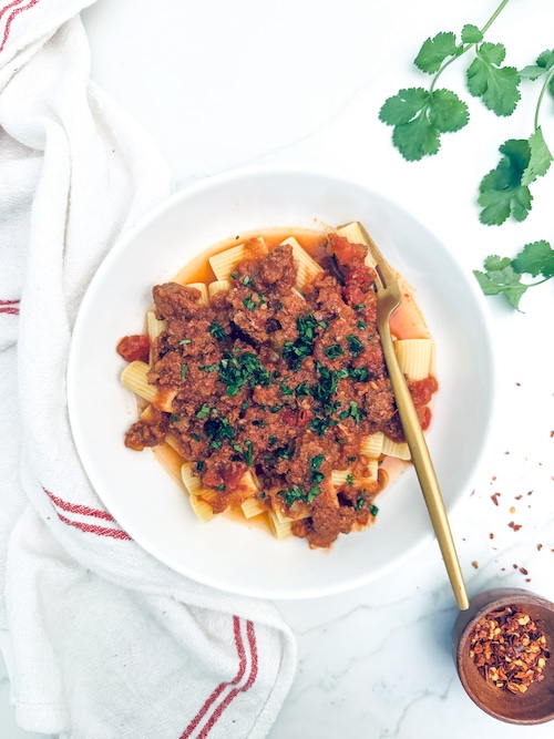 Ground beef taco pasta in a bowl.
