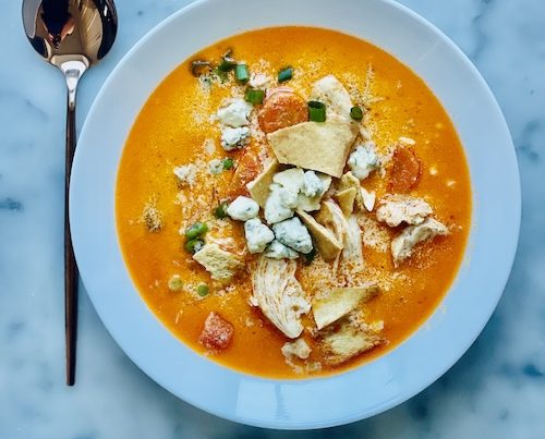 A bowl of buffalo chicken chowder.