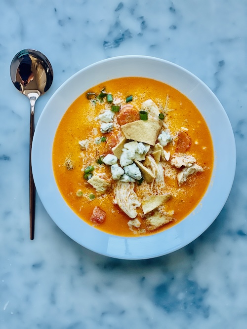 A bowl of buffalo chicken chowder.