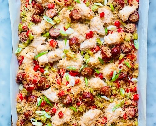 Chicken sausage sheet pan jambalaya.
