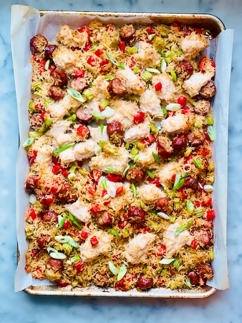 Chicken sausage sheet pan jambalaya.