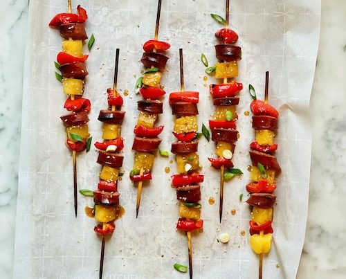 Sausage pineapple kabobs.