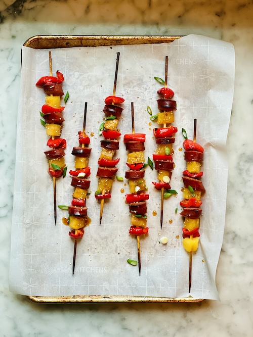 Sausage pineapple kabobs.