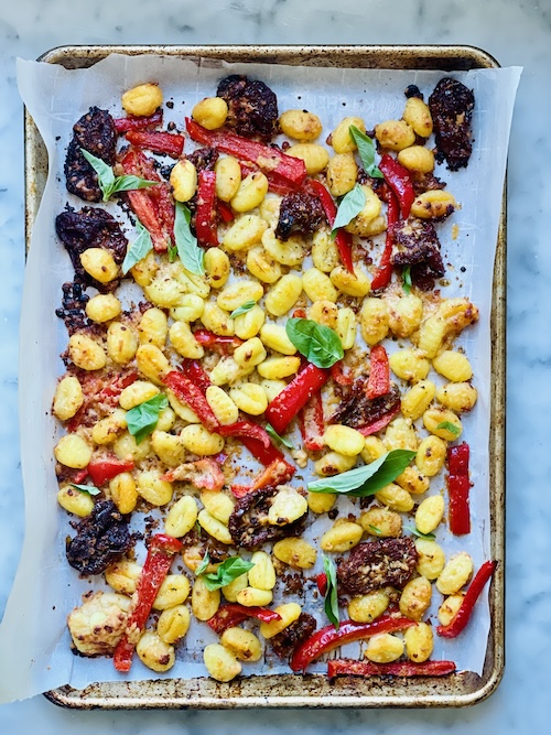 Sheet pan of roasted peppers and gnocchi.