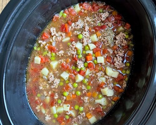 Crockpot of hamburger soup.