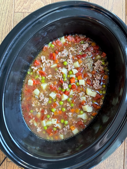 Crockpot of hamburger soup.