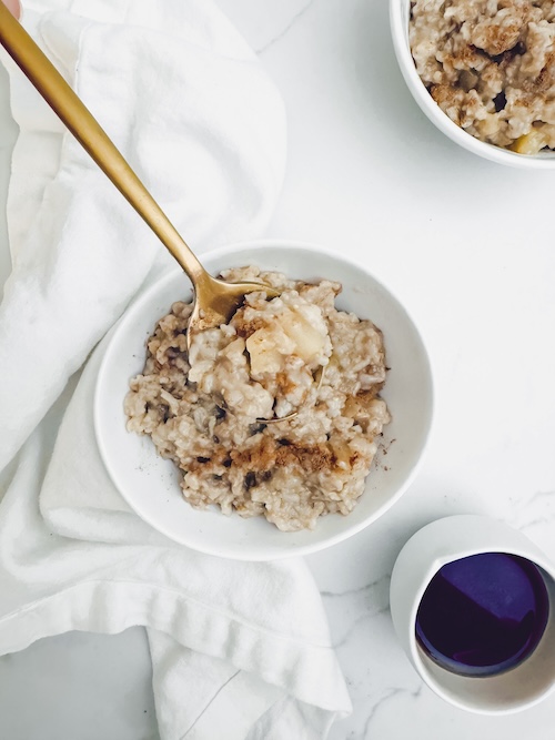 A small bowl of apple brown sugar oatmeal.