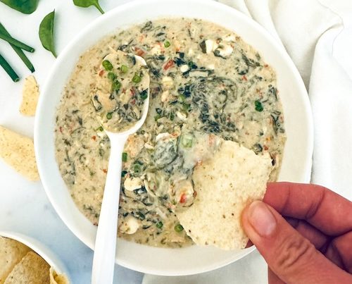 A tortilla chip in a bowl of greek-style chicken dip.