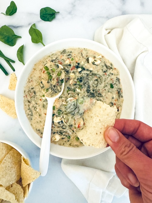 A tortilla chip in a bowl of greek-style chicken dip.