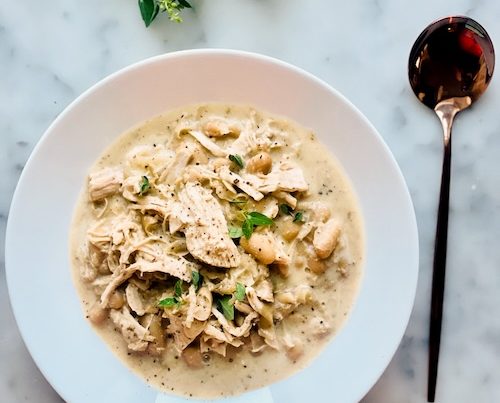 Tuscan white bean turkey stew in a bowl.