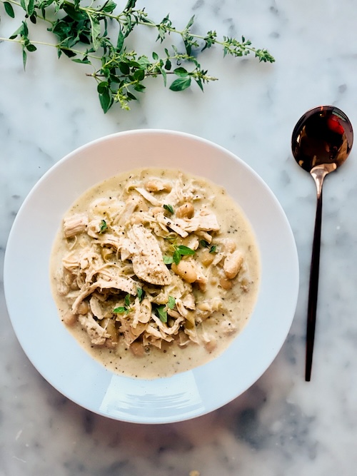 Tuscan white bean turkey stew in a bowl.
