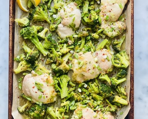 Hot honey chicken and broccoli on a sheet pan.