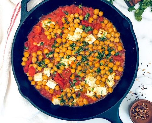 Baked feta and tomatoes with chickpeas.