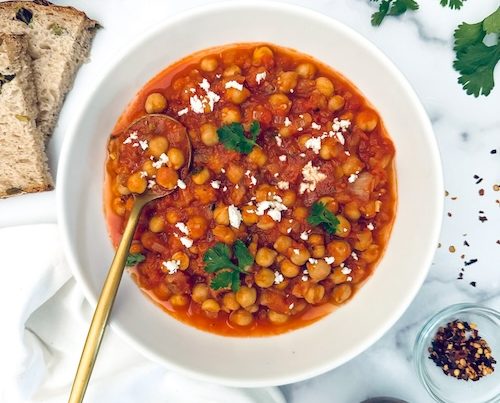 A large bowl of chickpea shaksuka.