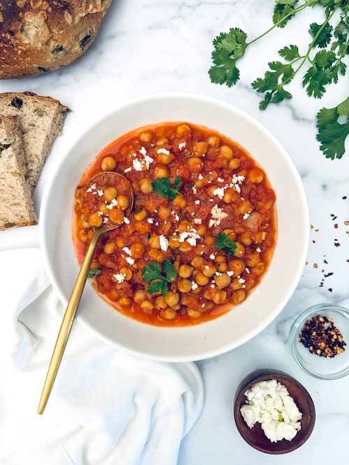 A large bowl of chickpea shaksuka.