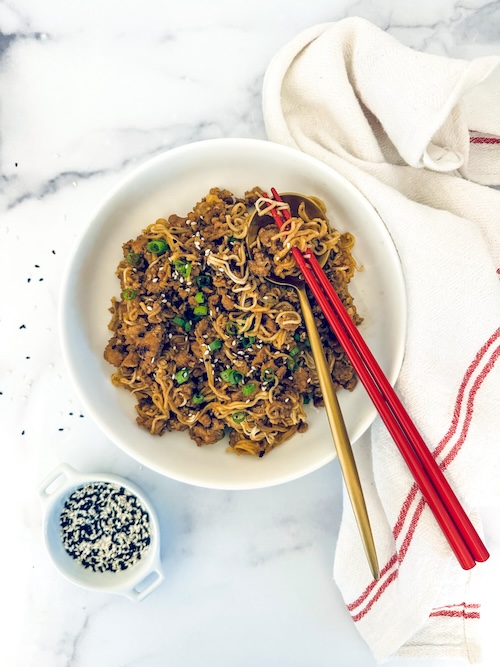 Ramen stir fry in a bowl.