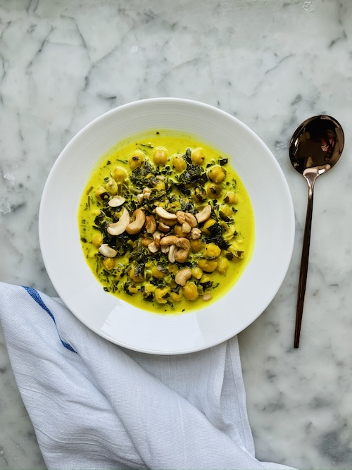 Coconut turmeric chickpeas in a bowl.